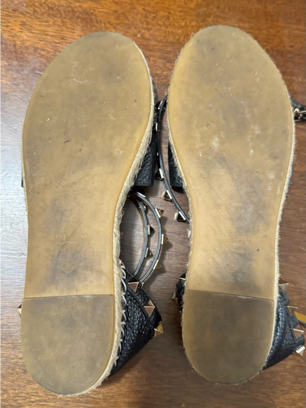 Valentino Garavani Black Leather Studded Espadrille Flats with Tan Accents - Picture 4 of 4